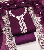 Women's purple unstitched heavy thread embroidery & fancy border chanderi silk dress material (gngr50124ppl)