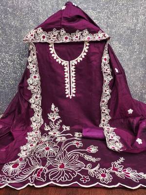  purple heavy thread embroidery & fancy border chanderi silk dress material 2