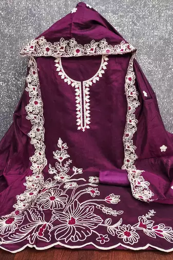  purple heavy thread embroidery & fancy border chanderi silk dress material
