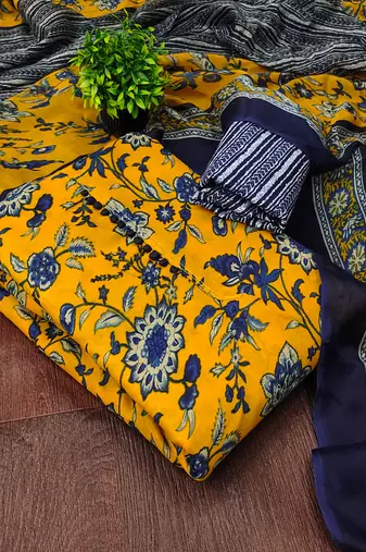  mustard print slub cotton dress material