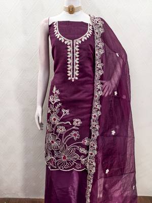  purple heavy thread embroidery & fancy border chanderi silk dress material 3
