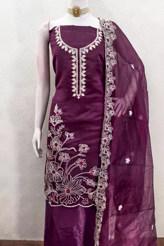  purple heavy thread embroidery & fancy border chanderi silk dress material