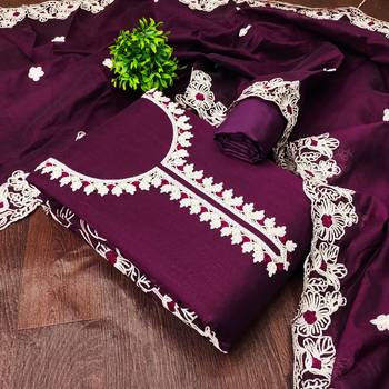  purple heavy thread embroidery & fancy border chanderi silk dress material 4