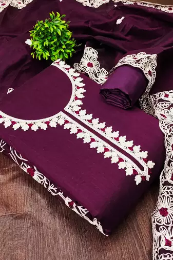  purple heavy thread embroidery & fancy border chanderi silk dress material