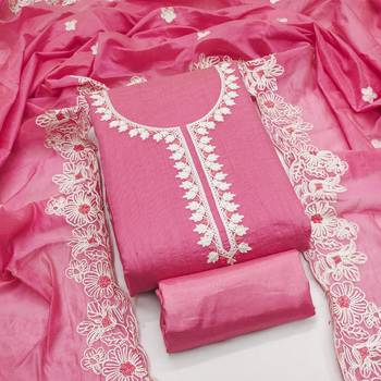  pink heavy thread embroidery & fancy border chanderi silk dress material 1