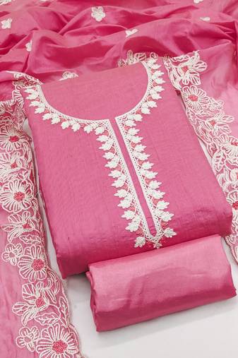 Women's pink unstitched heavy thread embroidery & fancy border chanderi silk dress material (gngr50124pnk)