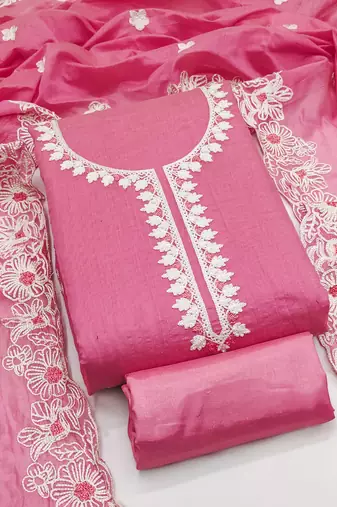 Women's pink unstitched heavy thread embroidery & fancy border chanderi silk dress material (gngr50124pnk)