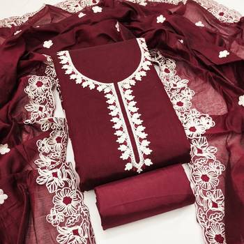  maroon heavy thread embroidery & fancy border chanderi silk dress material 1