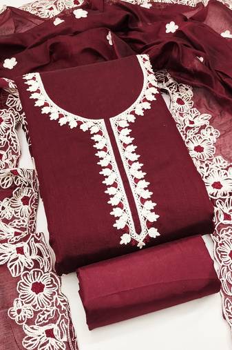 Women's maroon unstitched heavy thread embroidery & fancy border chanderi silk dress material (gngr50124mrn)