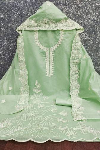 Women's light green unstitched heavy thread embroidery & fancy border chanderi silk dress material (gngr50124lgn)