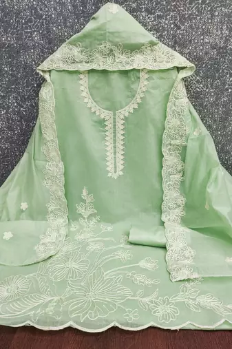 Women's light green unstitched heavy thread embroidery & fancy border chanderi silk dress material (gngr50124lgn)
