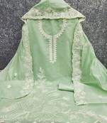 Women's light green unstitched heavy thread embroidery & fancy border chanderi silk dress material (gngr50124lgn)