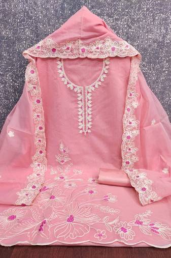Women's baby pink unstitched heavy thread embroidery & fancy border chanderi silk dress material (gngr50124bpk)