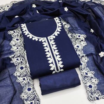  blue heavy thread embroidery & fancy border chanderi silk dress material 1