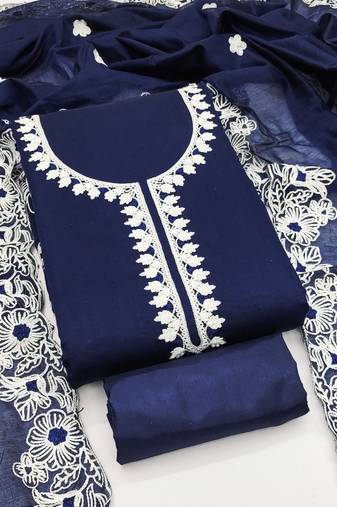 Women's blue unstitched heavy thread embroidery & fancy border chanderi silk dress material (gngr50124blu)