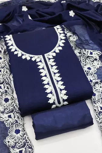 Women's blue unstitched heavy thread embroidery & fancy border chanderi silk dress material (gngr50124blu)