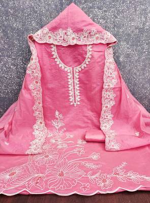  pink heavy thread embroidery & fancy border chanderi silk dress material 2