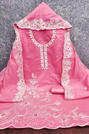  pink heavy thread embroidery & fancy border chanderi silk dress material