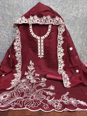  maroon heavy thread embroidery & fancy border chanderi silk dress material 2