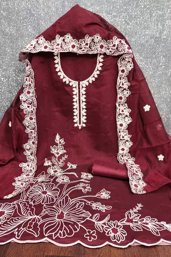  maroon heavy thread embroidery & fancy border chanderi silk dress material
