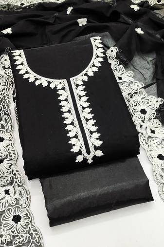 Women's black unstitched heavy thread embroidery & fancy border chanderi silk dress material (gngr50124blk)