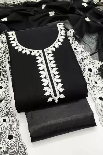 Women's black unstitched heavy thread embroidery & fancy border chanderi silk dress material (gngr50124blk)