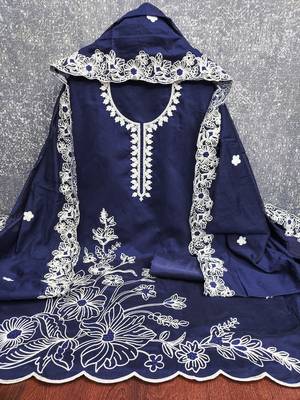  blue heavy thread embroidery & fancy border chanderi silk dress material 2