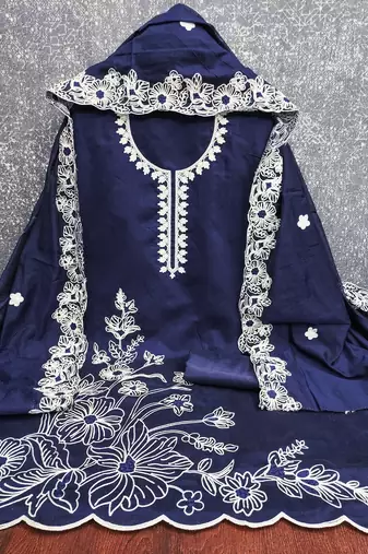  blue heavy thread embroidery & fancy border chanderi silk dress material