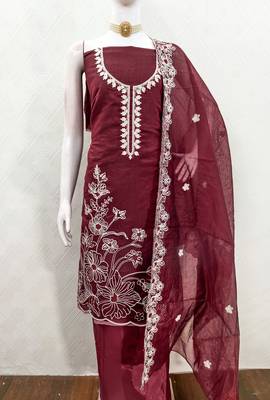  maroon heavy thread embroidery & fancy border chanderi silk dress material 3