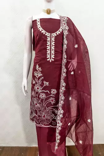  maroon heavy thread embroidery & fancy border chanderi silk dress material