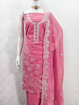  pink heavy thread embroidery & fancy border chanderi silk dress material 3