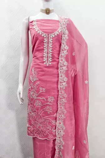  pink heavy thread embroidery & fancy border chanderi silk dress material