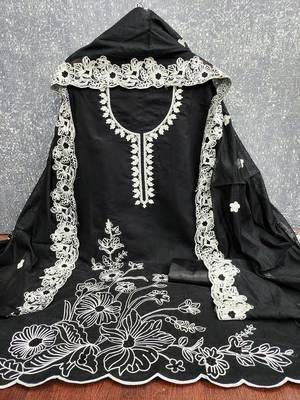  black heavy thread embroidery & fancy border chanderi silk dress material 2