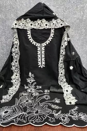  black heavy thread embroidery & fancy border chanderi silk dress material