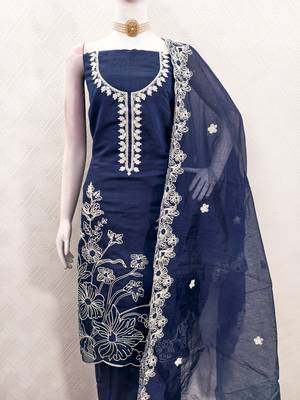  blue heavy thread embroidery & fancy border chanderi silk dress material 3