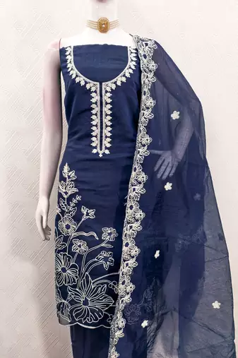  blue heavy thread embroidery & fancy border chanderi silk dress material