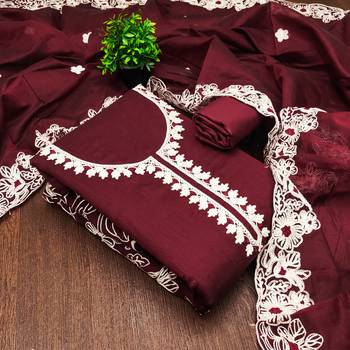  maroon heavy thread embroidery & fancy border chanderi silk dress material 4