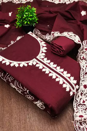  maroon heavy thread embroidery & fancy border chanderi silk dress material