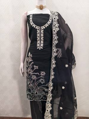  black heavy thread embroidery & fancy border chanderi silk dress material 3