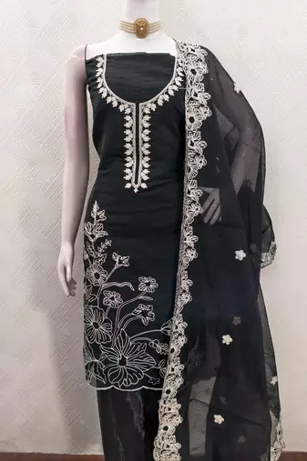  black heavy thread embroidery & fancy border chanderi silk dress material