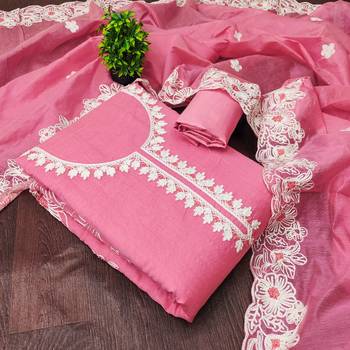  pink heavy thread embroidery & fancy border chanderi silk dress material 4