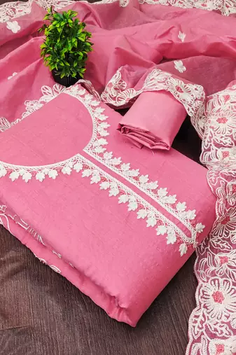  pink heavy thread embroidery & fancy border chanderi silk dress material