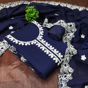  blue heavy thread embroidery & fancy border chanderi silk dress material 4