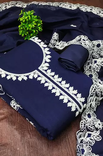  blue heavy thread embroidery & fancy border chanderi silk dress material