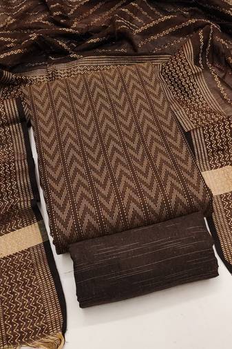 Women's brown unstitched weaving cotton jacquard dress material (gngr50123bwn)