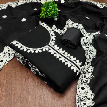  black heavy thread embroidery & fancy border chanderi silk dress material 4