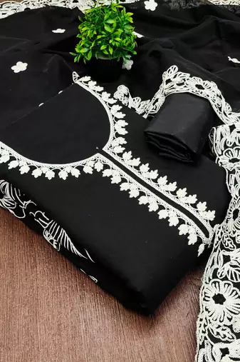  black heavy thread embroidery & fancy border chanderi silk dress material