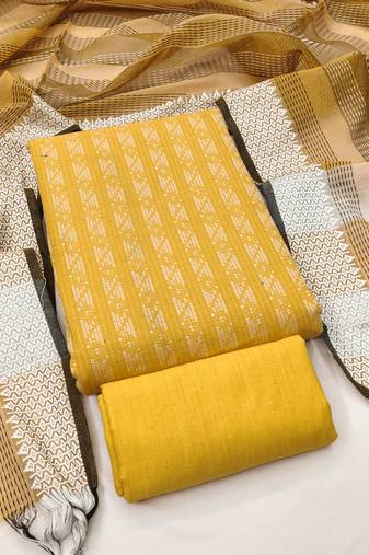 Women's yellow unstitched weaving cotton jacquard dress material (gngr50121ylw)