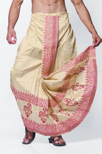 Tussar hand block print dupion silk dhoti for men (free size)