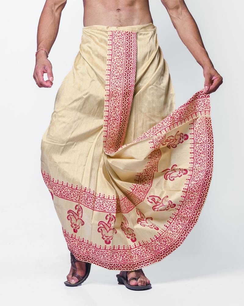 Tussar hand block print dupion silk dhoti for men (free size)